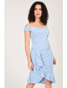 Şans Women's Blue Waist Detailed Ruffled Dress