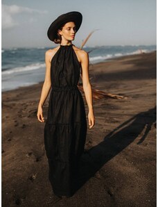 Luciee Backless Linen Maxi Dress In Black - Annely