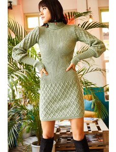 Olalook Women's Water Green Textured Sweater Dress with Sleeves and Skirt