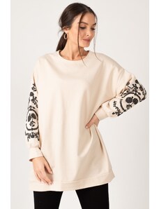 armonika Women's Beige Round Neck Sweatshirt with Embossed Sleeves