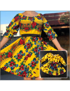 Ie Traditionala Set rochii cu motive florale - Mama si Fiica - Galben