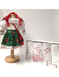 Ie Traditionala Set Botez Traditional , Costum Traditional Fetite Verde - 2 piese costumas si trusou brodat