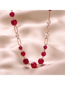 Tie-Me-Up Colier lung argint roz jad rosu si perle naturale, 100 cm