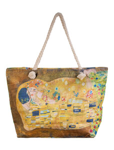 Shopika Geanta de plaja din material textil, cu imprimeu inspirat din pictura Sarutul a lui Gustav Klimt