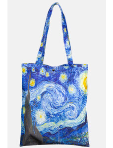 Shopika Geanta shopper din material textil satinat, cu imprimeu inspirat din pictura Noapte Instelata a lui Vincent Van Gogh