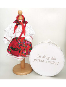 Ie Traditionala Set Botez Traditional , Costum Traditional Fetite Floral - 2 piese costumas si cutie botez
