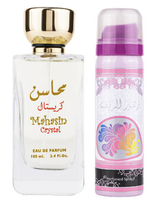 Lattafa Set Mahasin Crystal, apa de parfum 100 ml si deodorant 50 ml, femei