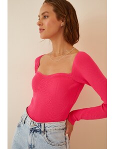 Happiness İstanbul Women's Dark Pink Heart Collar Corduroy Knitwear Sweater
