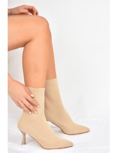 Fox Shoes Women's Beige Knitwear Thin Heel Boots