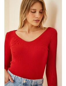 Happiness İstanbul Women's Red V-Neck Ribbed Lycra Knitted Blouse
