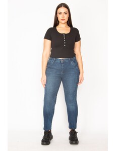 Şans Women's Plus Size Navy Blue Jeans with Side Stitching Detailed, Washing Effect and 5 Pockets
