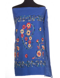Shopika Esarfa cashmere cu model floral brodat pe fond albastru