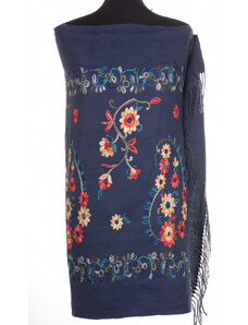 Shopika Esarfa cashmere cu model floral brodat pe fond bleumarin
