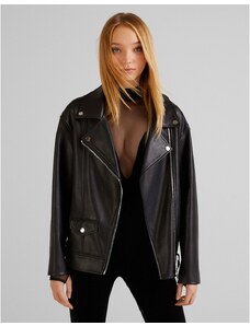 Bershka oversized faux leather biker jacket in black