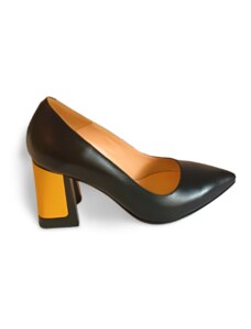 Pantofi dama, Diane Marie P253, eleganti, din piele naturala neagra cu toc galben