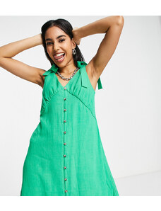 Topshop Petite button through flippy mini dress in linen in green