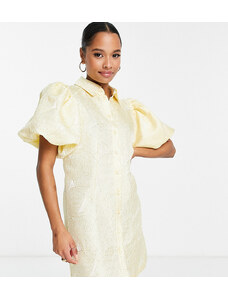 Pieces Petite Premium textured puff sleeve mini dress in lemon-Yellow