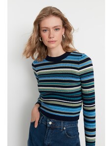Trendyol Navy Blue Color Block Crop Knitwear Pulover