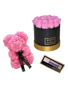 FashionForYou Set Cadou Aranjament floral cutie rotunda neagra cu trandafiri roz de sapun, Ursulet floral Roz 25cm si Paleta fard