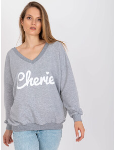 Fashionhunters Grey-white oversize sweatshirt with print and V-neck