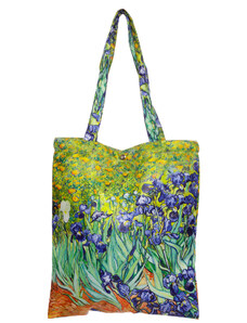 Shopika Geanta shopper din material textil satinat, cu imprimeu inspirat din pictura Irisi a lui Vincent Van Gogh