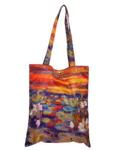Shopika Geanta shopper din material textil satinat, cu imprimeu inspirat din o pictura cu nuferi