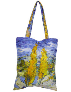 Shopika Geanta shopper din material textil satinat, cu imprimeu inspirat dintr-o pictura cu chiparosi a lui Van Gogh