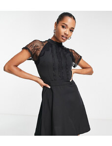 Liquorish Petite embellished front a line mini dress with sheer lace detail sleeves-Black