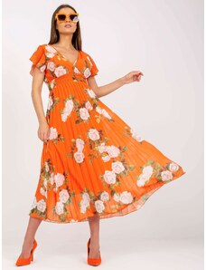 Fashionhunters Orange floral pleated dress in midi length