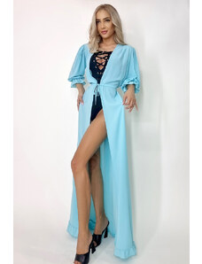 FashionForYou Cardigan de plaja Janette, din voal cu maneci bufante, Turquoise (Marime: One Size S-M-L)