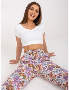 Fashionhunters White and purple summer trousers made of fabric with SUBLEBEL pattern