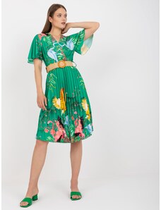 Fashionhunters Green pleated dress with belt prints