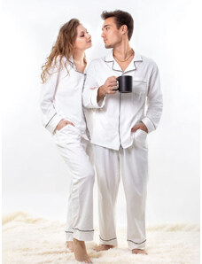 CumparaMisim Set pijamale pentru cuplu din Satin Alb cu vipusca neagra