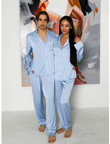 CumparaMisim Set pijamale pentru cuplu din Satin Bleu cu vipusca alba