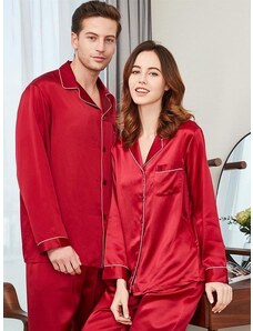 CumparaMisim Set pijamale pentru cuplu din Satin Rosu cu vipusca alba