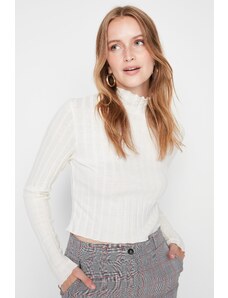 Trendyol White High Neck Ribbed Crop Knitted Blouse