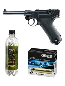 Set pistol airsoft 2 jouli + 10 capsule CO2 + flacon 2700 buc bile 0.20 g, Umarex Legend P08 full metal