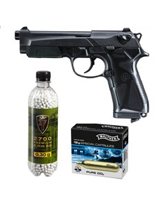 Set pistol airsoft 1.8 jouli + 10 capsule CO2 + flacon 2700 buc bile 0.30 g, Umarex Beretta 90Two, 6 mm