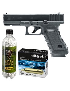 Set pistol airsoft Umarex Glock 17 + 10 capsule CO2 + flacon 2700 buc bile 0.20 g