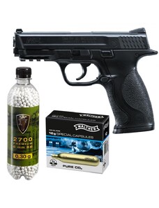 Set pistol airsoft 2 jouli + 10 capsule CO2 + flacon 2700 buc bile 0.30 g, Umarex Smith & Wesson M&P 40 calibru 6 mm