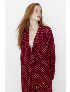Trendyol Burgundy Heart Patterned Tie Detailed Shirt-Pants Woven Pajama Set