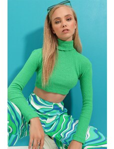 Trend Alaçatı Stili femei verde turtleneck corduroy de bază crop Body Bluză