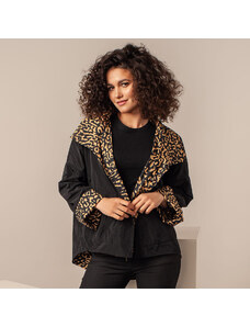 Willsoor Jachetă de vară oversized pentru femei neagră cu elemente leopard 14043