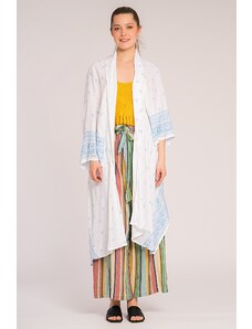 Maya Shop Kimono alb asimetric cu imprimeu bleu