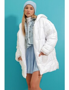 Trend Alaçatı Stili femei albe cu glugă puffer moda oversize puffy coat