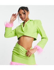 ASYOU tailored cropped blazer co-ord with pink faux feather trim in green