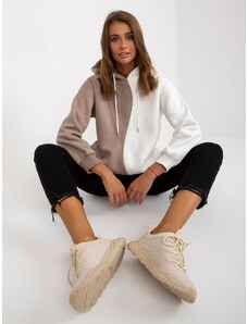 Fashionhunters Basic beige and white sweatshirt with cotton hood RUE PARIS