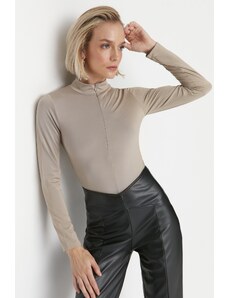 Trendyol Mink Zipper Standing Collar Long Sleeved Flexible Knitted Bodysuit