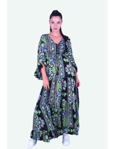 Boho Style Rochie lunga din matase stil Boho cu imprimeu floral negru - verde