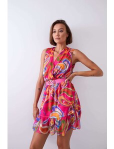 FASARDI Bright, patterned dress with belt, pink and dark blue